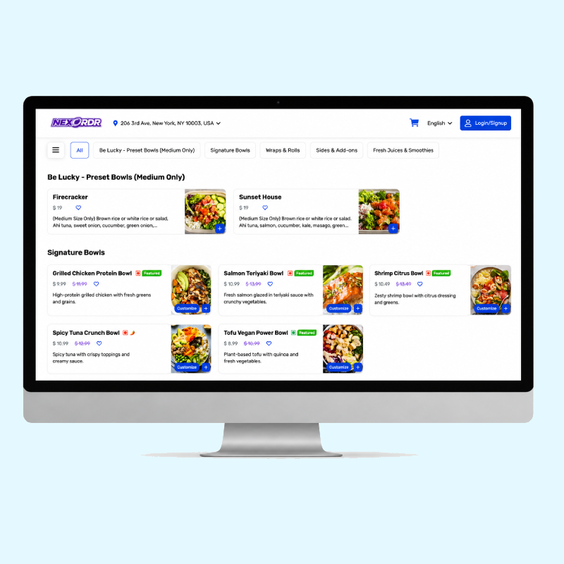 NexOrdr online ordering website displaying restaurant menus, food items, secure checkout, and real-time order placement.