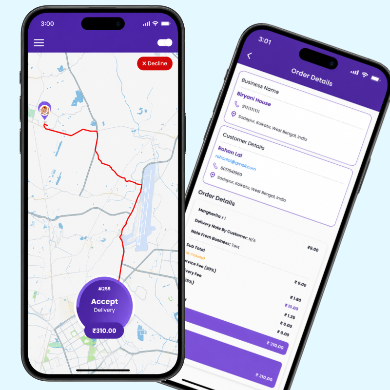 NexOrdr Driver App showing delivery assignments, route navigation, order details, and real-time delivery tracking on a mobile device.