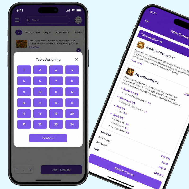 NexOrdr Waiter App displaying table management, order taking, kitchen communication, and bill processing on a mobile device.